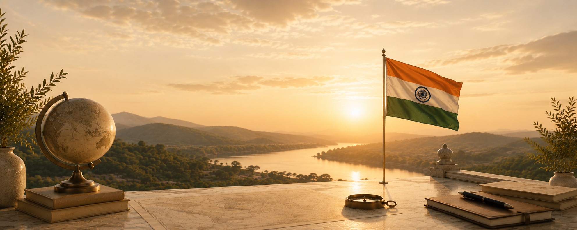 Indian flag at sunrise over a river valley